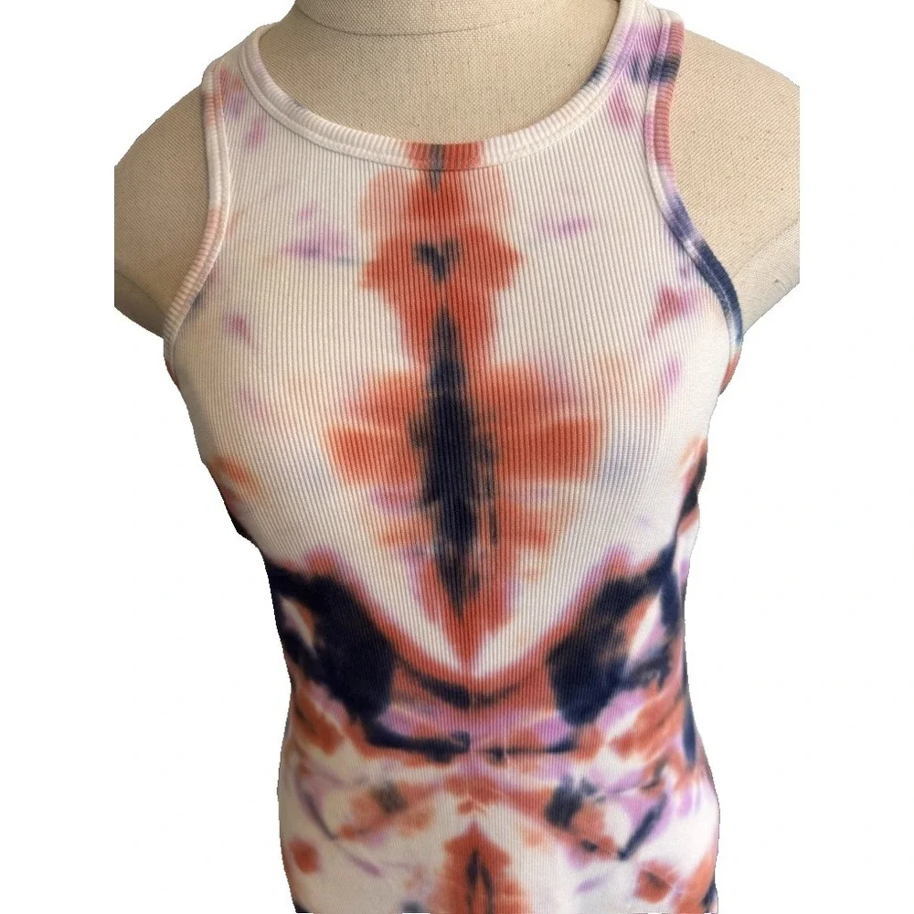 YFB Tie Dye Ribbed Midi Tank Dress Womens S Racerback Bodycon White Blue Pink